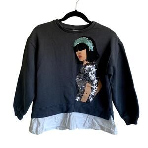 Zara Sequined Girl Graphic Peplum Crewneck Cotton Sweatshirt Size 13-14